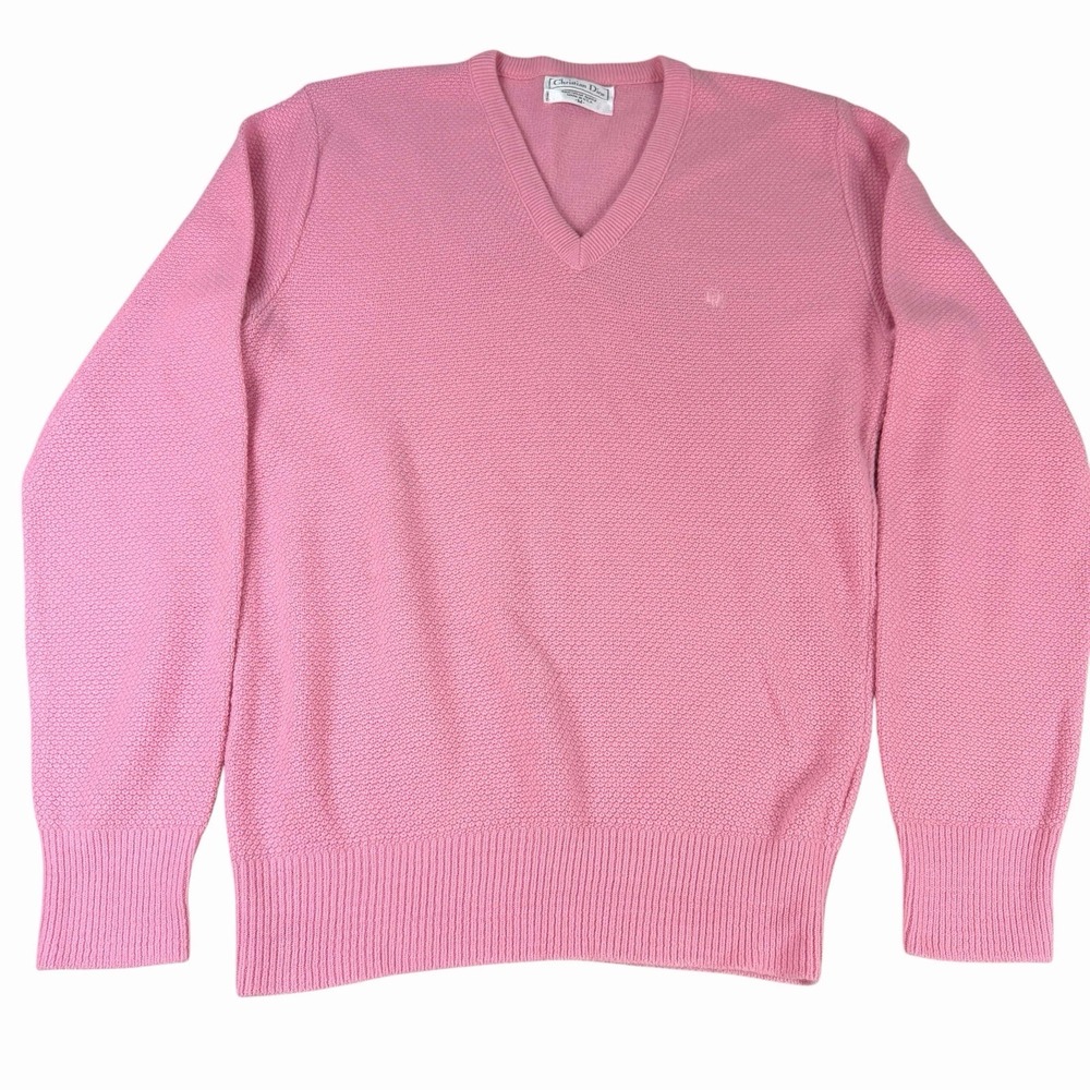 VTG Christian Dior Made in USA Orlon Acrylic Pink Knit V-Neck Sweater 80s Med